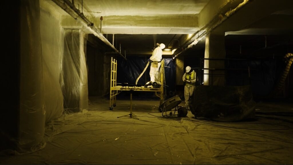 This is a Still Shot from our Norwalk Costco Job with one of our guys Spray Foaming the ceiling from our Company Cloud9 Spray Foam